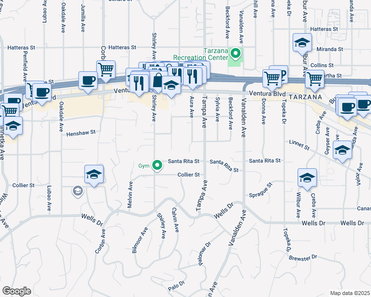 map of restaurants, bars, coffee shops, grocery stores, and more near 5349 Aura Avenue in Los Angeles