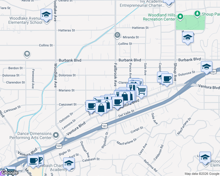 map of restaurants, bars, coffee shops, grocery stores, and more near 22829 Mariano Street in Los Angeles