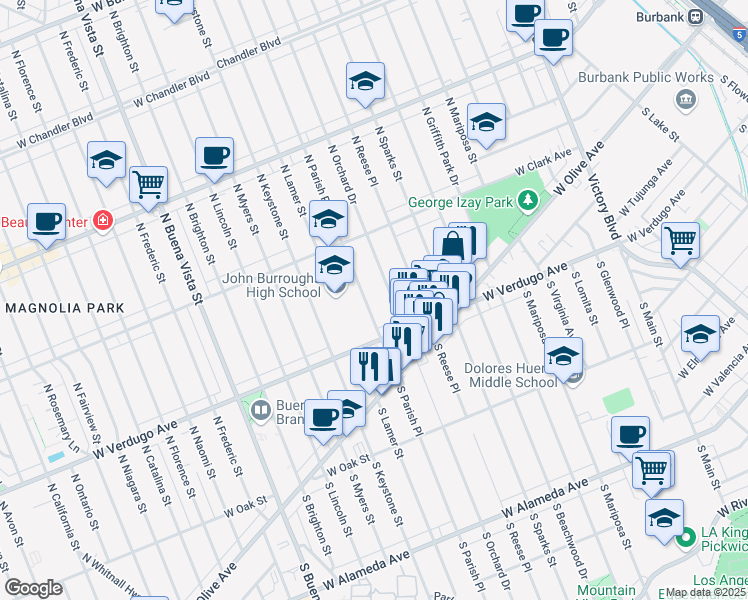 map of restaurants, bars, coffee shops, grocery stores, and more near 238 North Parish Place in Burbank