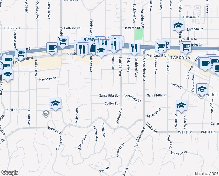 map of restaurants, bars, coffee shops, grocery stores, and more near 5349 Aura Avenue in Los Angeles