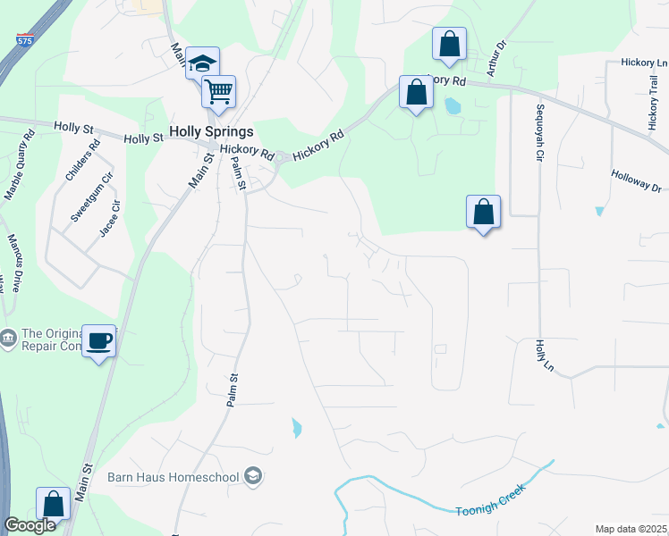map of restaurants, bars, coffee shops, grocery stores, and more near 114 McWhirter Place in Holly Springs