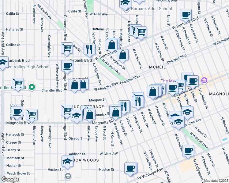 map of restaurants, bars, coffee shops, grocery stores, and more near 1135 North Rose Street in Burbank