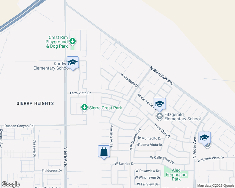 map of restaurants, bars, coffee shops, grocery stores, and more near 2763 West Vía Lindo Drive in Rialto