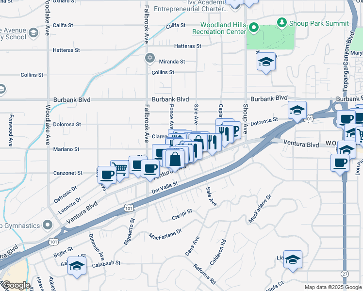 map of restaurants, bars, coffee shops, grocery stores, and more near 22637 Mariano Street in Los Angeles