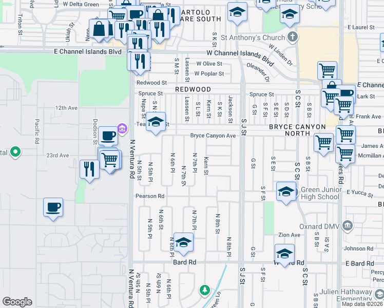 map of restaurants, bars, coffee shops, grocery stores, and more near 1855 7th Place in Port Hueneme