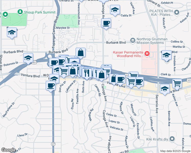 map of restaurants, bars, coffee shops, grocery stores, and more near 21501 Ventura Boulevard in Los Angeles