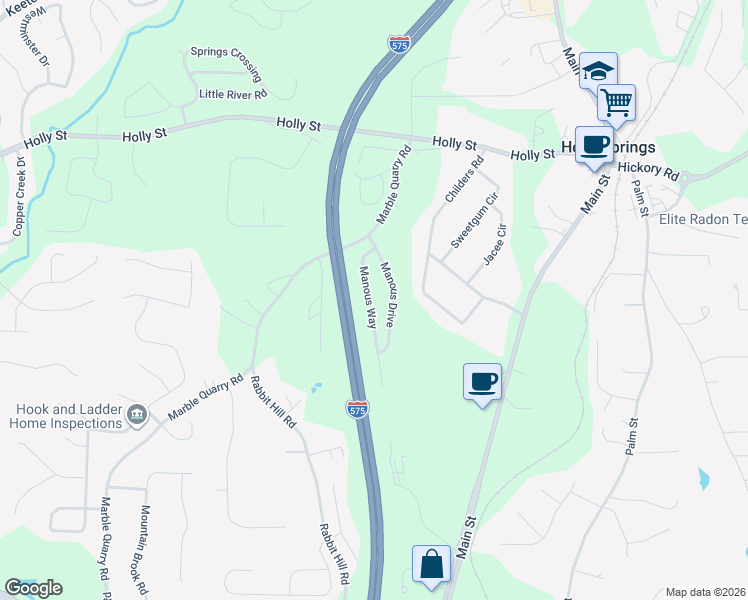 map of restaurants, bars, coffee shops, grocery stores, and more near 219 Manous Way in Canton