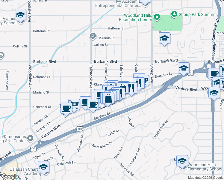 map of restaurants, bars, coffee shops, grocery stores, and more near 22637 Mariano Street in Los Angeles