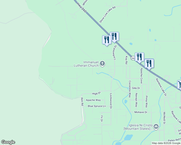 map of restaurants, bars, coffee shops, grocery stores, and more near 3077 Birch Drive in Navajo County