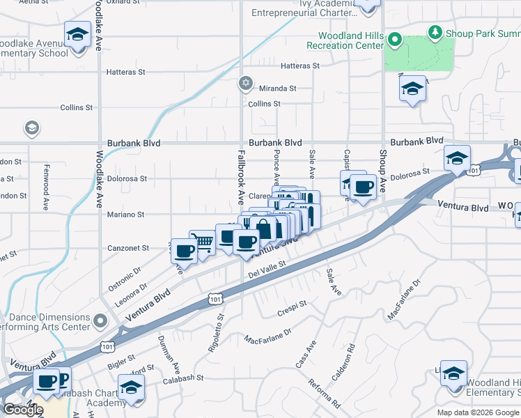 map of restaurants, bars, coffee shops, grocery stores, and more near 22707 Mariano Street in Los Angeles