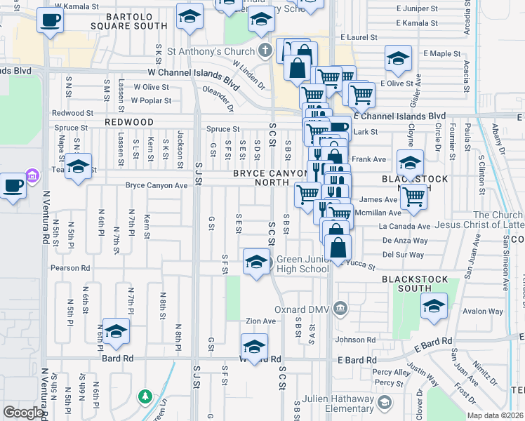 map of restaurants, bars, coffee shops, grocery stores, and more near 446 Rincon Way in Oxnard