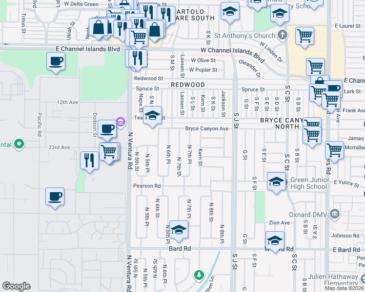 map of restaurants, bars, coffee shops, grocery stores, and more near 1855 7th Place in Port Hueneme