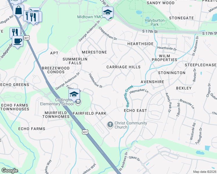 map of restaurants, bars, coffee shops, grocery stores, and more near 3822 Habberline Street in Wilmington