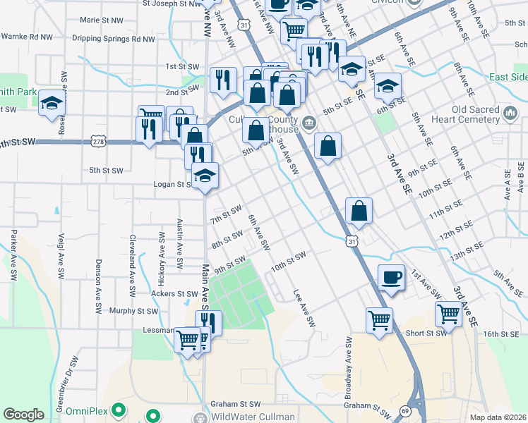 map of restaurants, bars, coffee shops, grocery stores, and more near 711 5th Avenue Southwest in Cullman