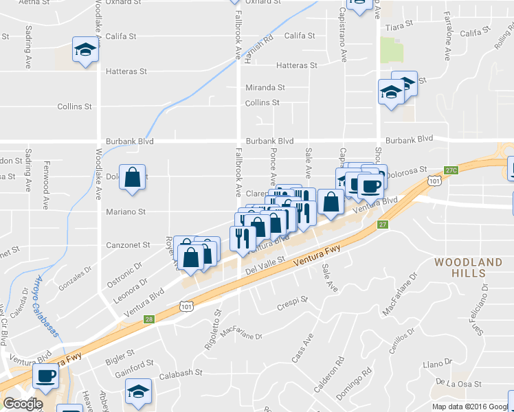 map of restaurants, bars, coffee shops, grocery stores, and more near 22727 Mariano Street in Los Angeles
