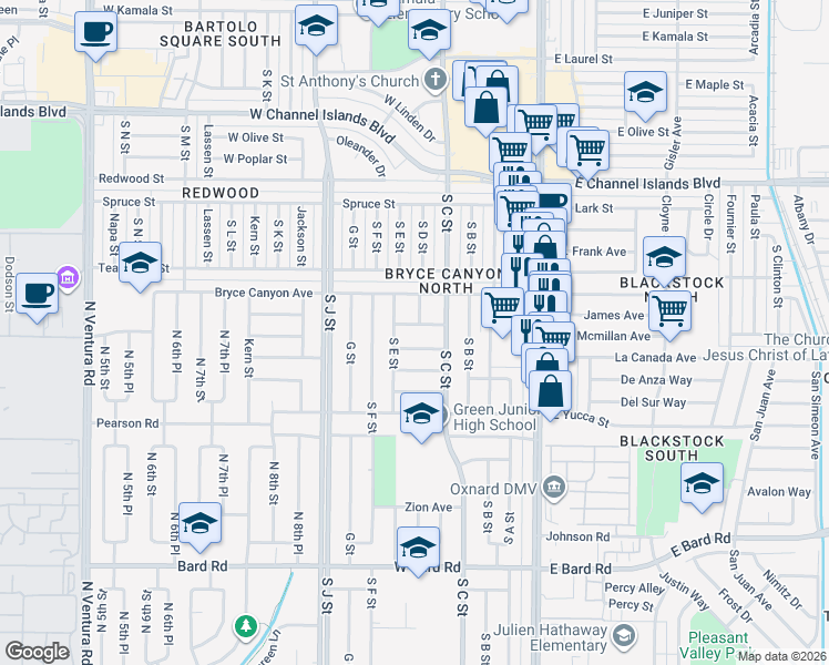 map of restaurants, bars, coffee shops, grocery stores, and more near 446 Rincon Way in Oxnard