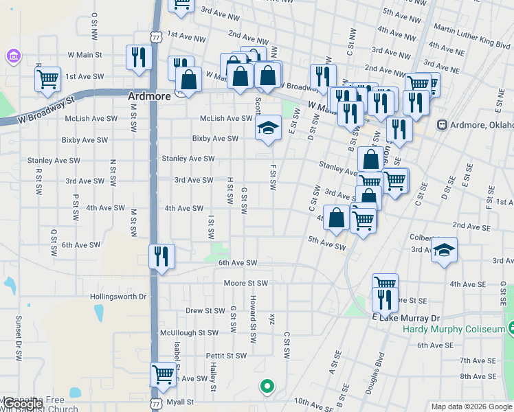 map of restaurants, bars, coffee shops, grocery stores, and more near 623 4th Avenue Southwest in Ardmore