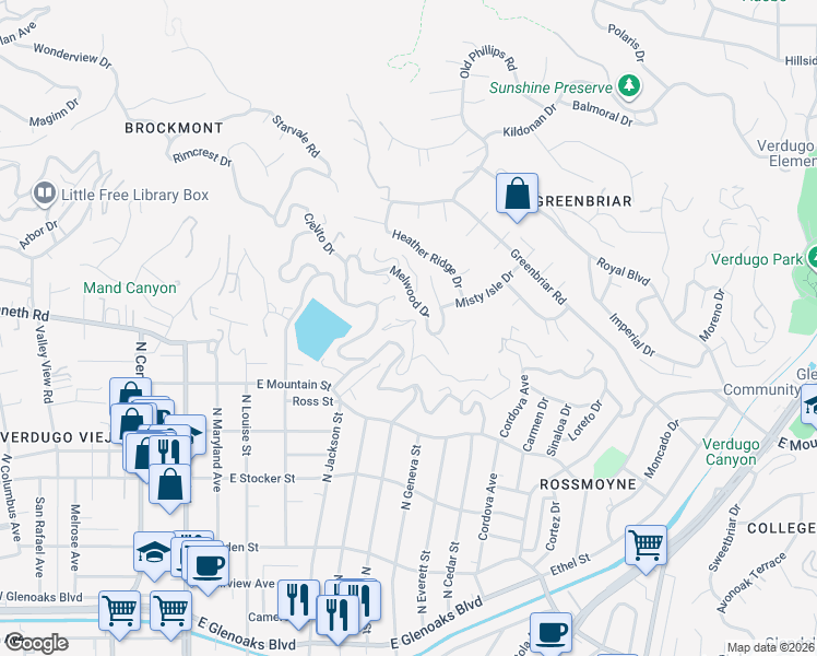 map of restaurants, bars, coffee shops, grocery stores, and more near 614 Bohlig Road in Glendale