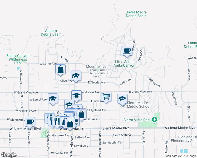 map of restaurants, bars, coffee shops, grocery stores, and more near 381 North Mountain Trail in Sierra Madre