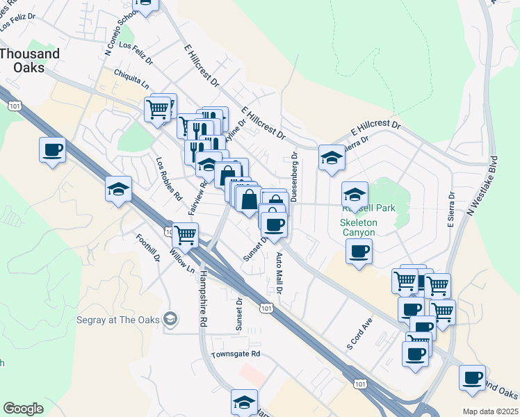 map of restaurants, bars, coffee shops, grocery stores, and more near 3185 Thousand Oaks Boulevard in Thousand Oaks