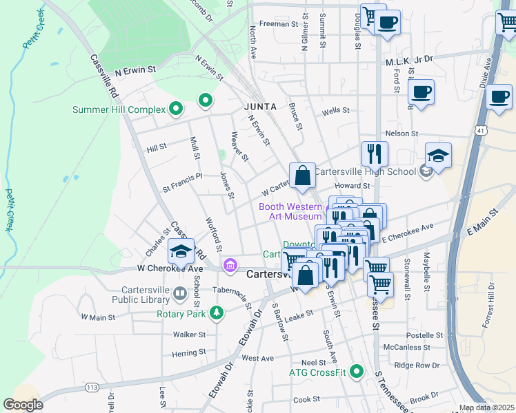map of restaurants, bars, coffee shops, grocery stores, and more near 213 North Bartow Street in Cartersville
