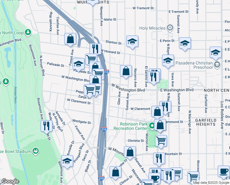 map of restaurants, bars, coffee shops, grocery stores, and more near 273 Pepper Street in Pasadena