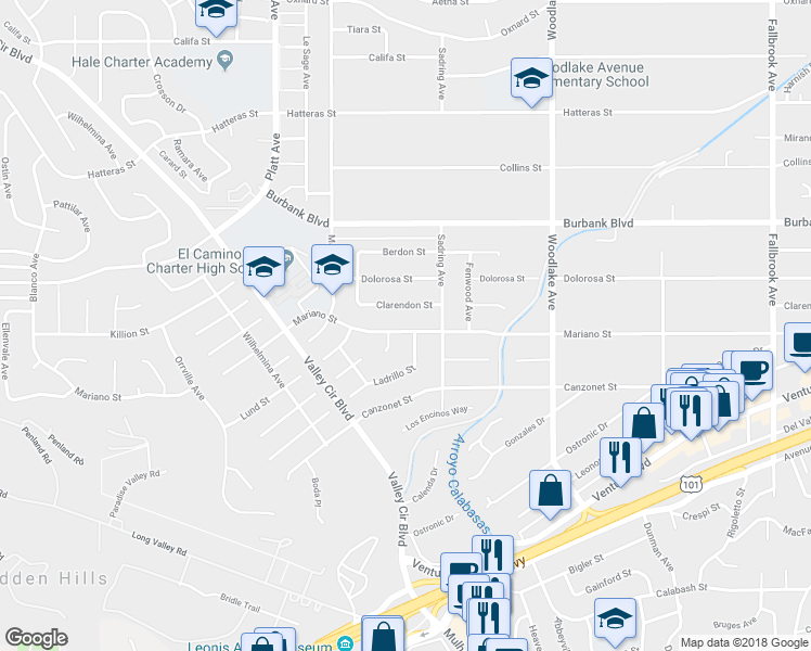 map of restaurants, bars, coffee shops, grocery stores, and more near 23439 Mariano Street in Los Angeles