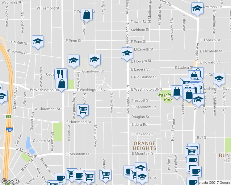 map of restaurants, bars, coffee shops, grocery stores, and more near 340 East Washington Boulevard in Pasadena