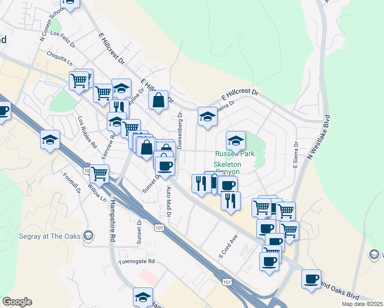 map of restaurants, bars, coffee shops, grocery stores, and more near 3294 West Sierra Drive in Thousand Oaks