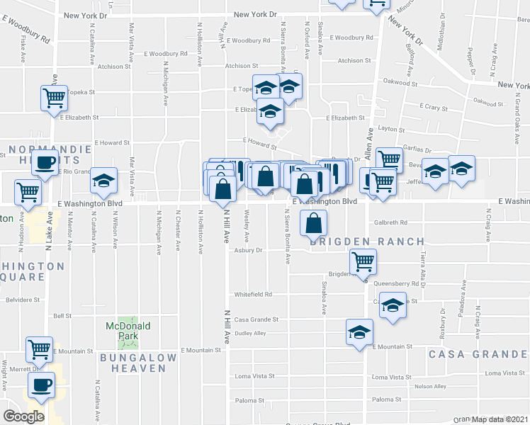 map of restaurants, bars, coffee shops, grocery stores, and more near 1287 1/2 Bresee Avenue in Pasadena