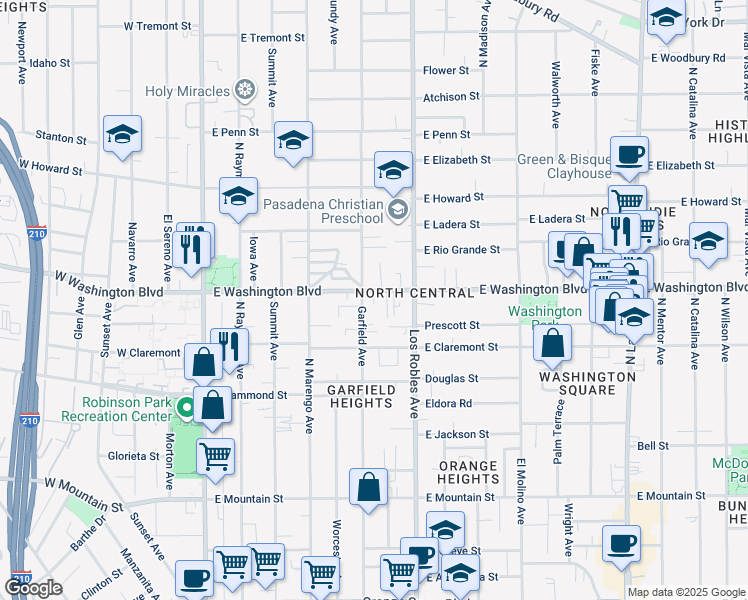 map of restaurants, bars, coffee shops, grocery stores, and more near 340 East Washington Boulevard in Pasadena