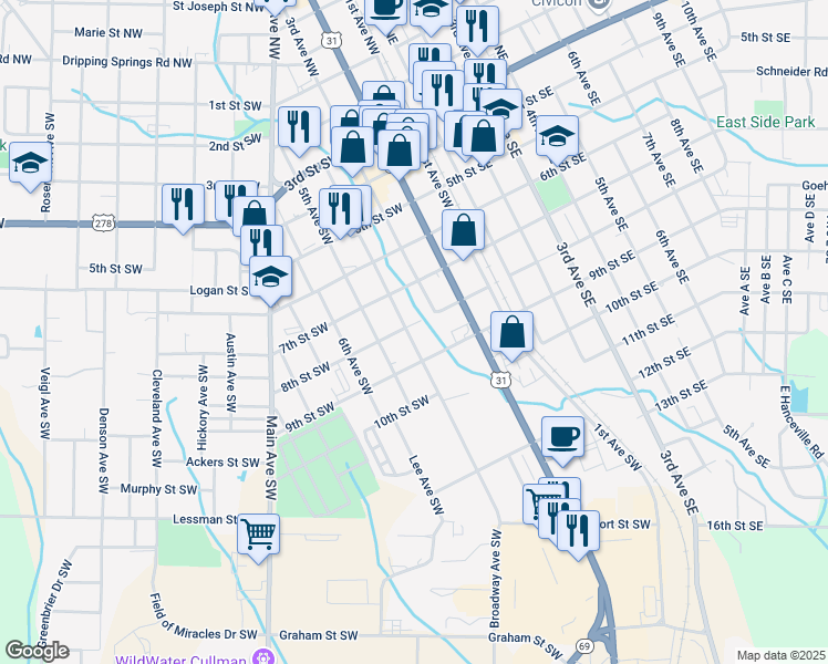 map of restaurants, bars, coffee shops, grocery stores, and more near 800 4th Avenue Southwest in Cullman