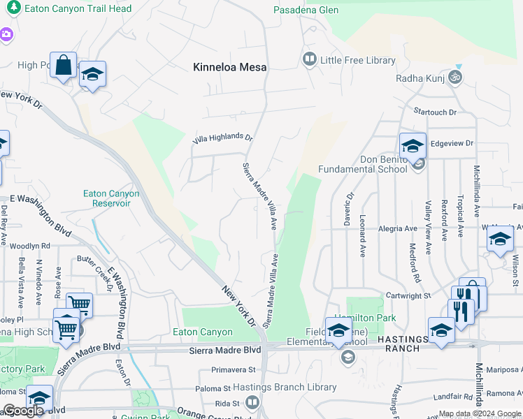 map of restaurants, bars, coffee shops, grocery stores, and more near 1290 Wynn Road in Pasadena