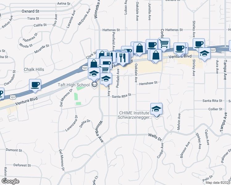 map of restaurants, bars, coffee shops, grocery stores, and more near 5411 Penfield Avenue in Los Angeles