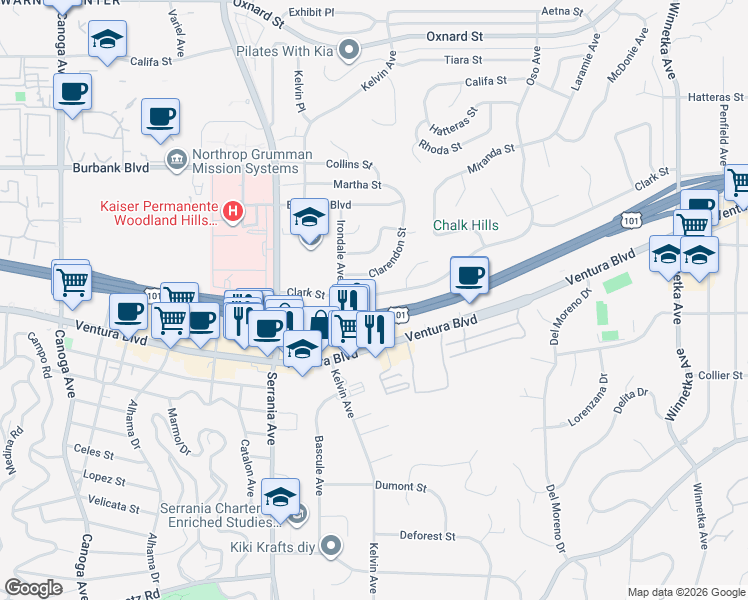 map of restaurants, bars, coffee shops, grocery stores, and more near 20740 Clark Street in Los Angeles