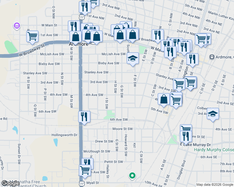 map of restaurants, bars, coffee shops, grocery stores, and more near 711 4th Avenue Southwest in Ardmore