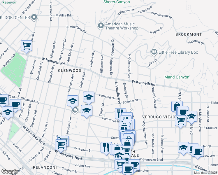 map of restaurants, bars, coffee shops, grocery stores, and more near 428 Montgomery Avenue in Glendale
