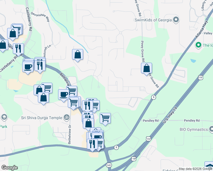 map of restaurants, bars, coffee shops, grocery stores, and more near 2685 Gateview Court in Cumming