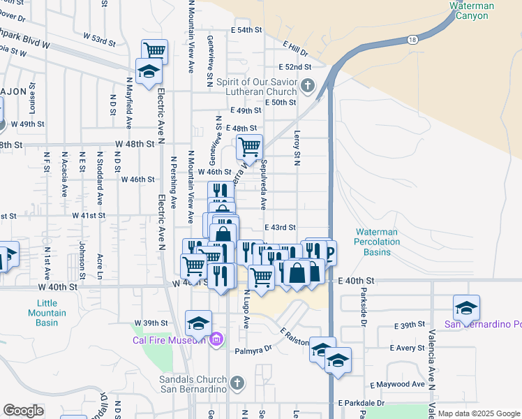map of restaurants, bars, coffee shops, grocery stores, and more near 175 East 44th Street in San Bernardino