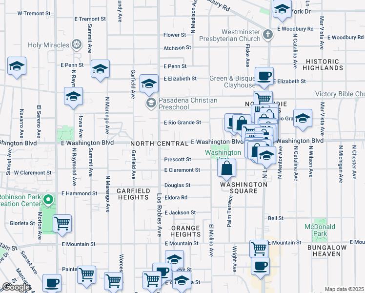 map of restaurants, bars, coffee shops, grocery stores, and more near 518 East Washington Boulevard in Pasadena