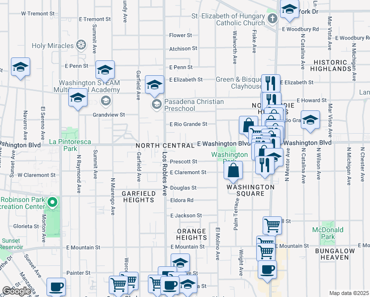 map of restaurants, bars, coffee shops, grocery stores, and more near 518 East Washington Boulevard in Pasadena