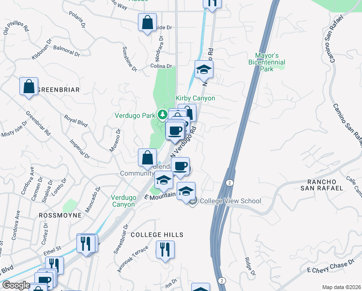 map of restaurants, bars, coffee shops, grocery stores, and more near 1500 North Verdugo Road in Glendale