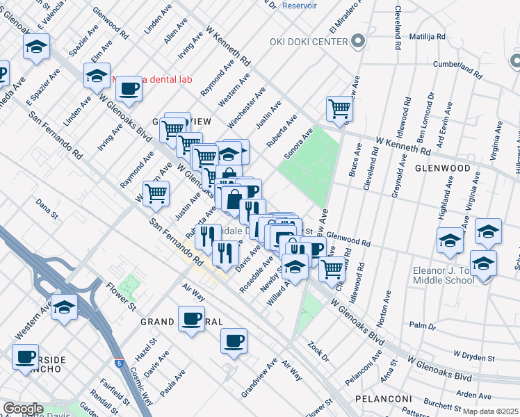 map of restaurants, bars, coffee shops, grocery stores, and more near 1412 5th Street in Glendale