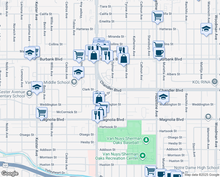 map of restaurants, bars, coffee shops, grocery stores, and more near 14400 Chandler Boulevard in Los Angeles