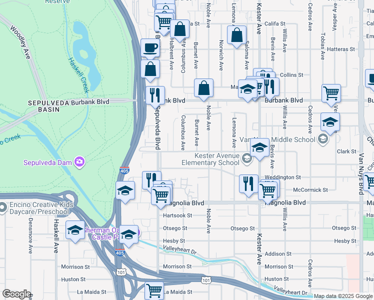 map of restaurants, bars, coffee shops, grocery stores, and more near 5401 Columbus Avenue in Los Angeles