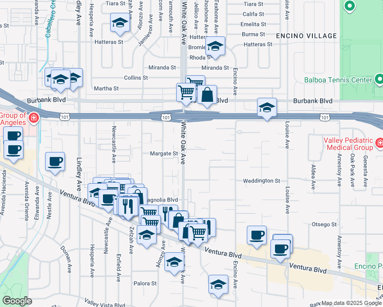 map of restaurants, bars, coffee shops, grocery stores, and more near 5350 White Oak Avenue in Los Angeles