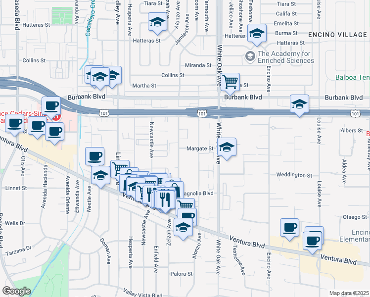 map of restaurants, bars, coffee shops, grocery stores, and more near 5353 Yarmouth Avenue in Los Angeles