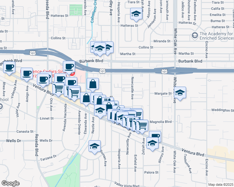 map of restaurants, bars, coffee shops, grocery stores, and more near 5354 Lindley Avenue in Los Angeles