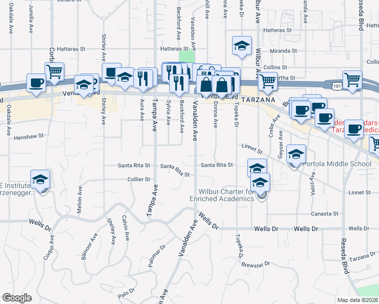 map of restaurants, bars, coffee shops, grocery stores, and more near 19200 Linnet Street in Los Angeles