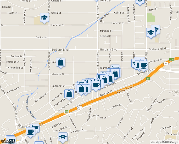 map of restaurants, bars, coffee shops, grocery stores, and more near 22829 Mariano Street in Los Angeles